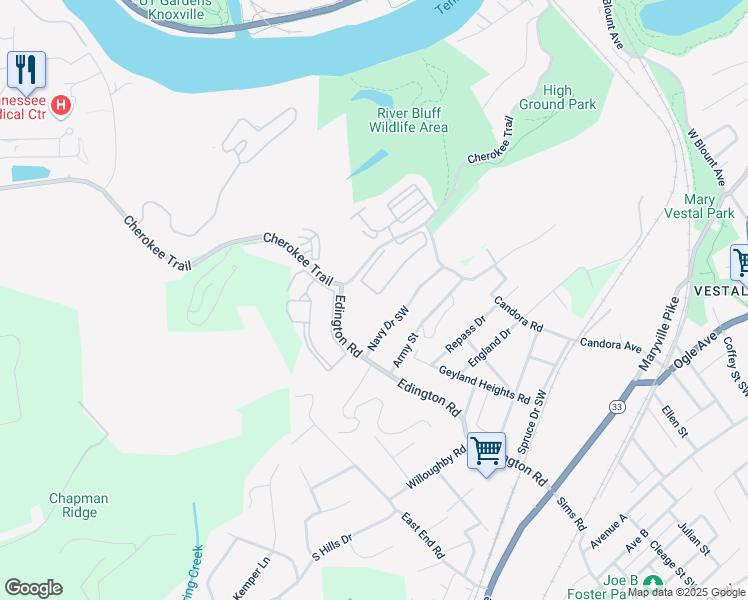 map of restaurants, bars, coffee shops, grocery stores, and more near 3930 Cherokee Woods Way in Knoxville