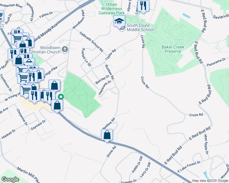 map of restaurants, bars, coffee shops, grocery stores, and more near 503 Mark Road in Knoxville