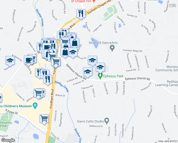 map of restaurants, bars, coffee shops, grocery stores, and more near 10 Banbury Lane in Chapel Hill