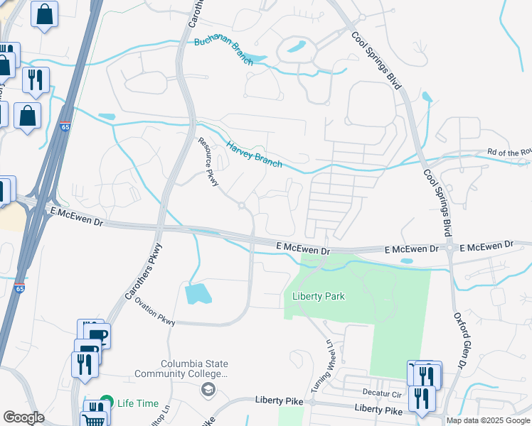 map of restaurants, bars, coffee shops, grocery stores, and more near 1001 Midwood Street in Franklin