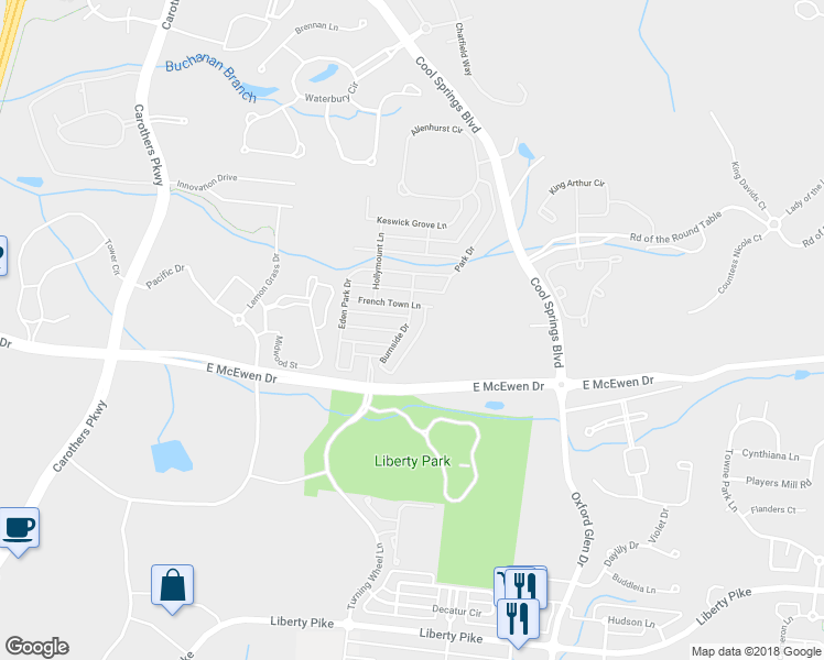 map of restaurants, bars, coffee shops, grocery stores, and more near 1414 Burnside Drive in Franklin