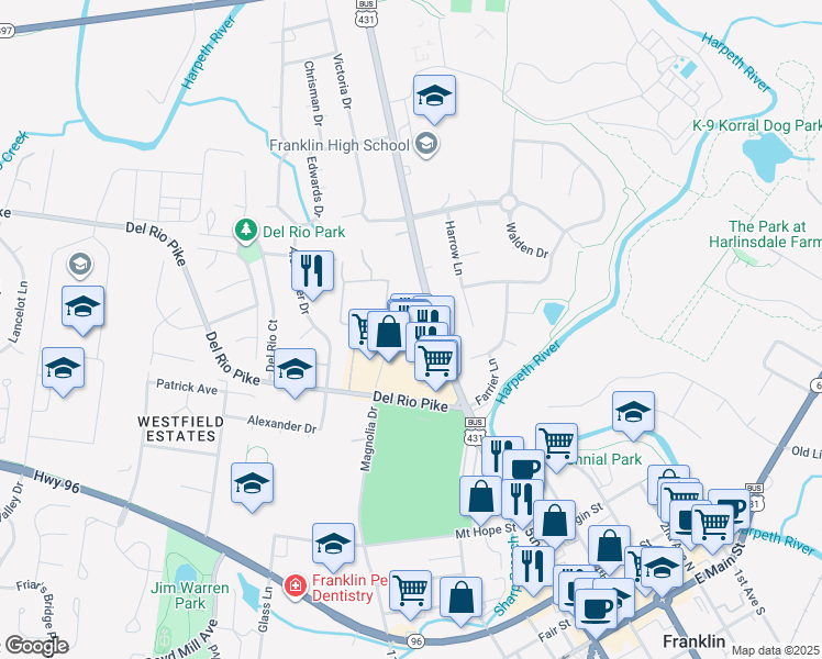 map of restaurants, bars, coffee shops, grocery stores, and more near 613 Hillsboro Road in Franklin