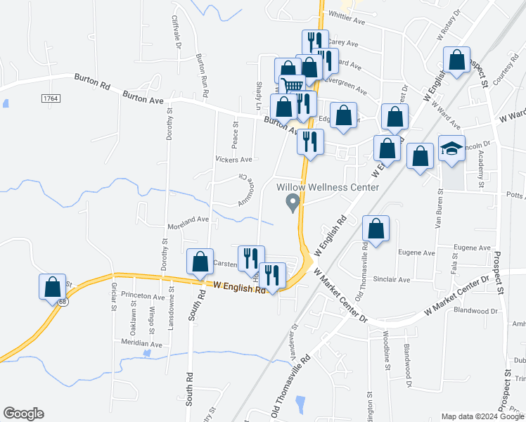 map of restaurants, bars, coffee shops, grocery stores, and more near 316 Hodgin Street in High Point