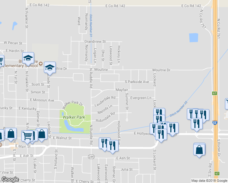 map of restaurants, bars, coffee shops, grocery stores, and more near 829 Mayfair in Blytheville