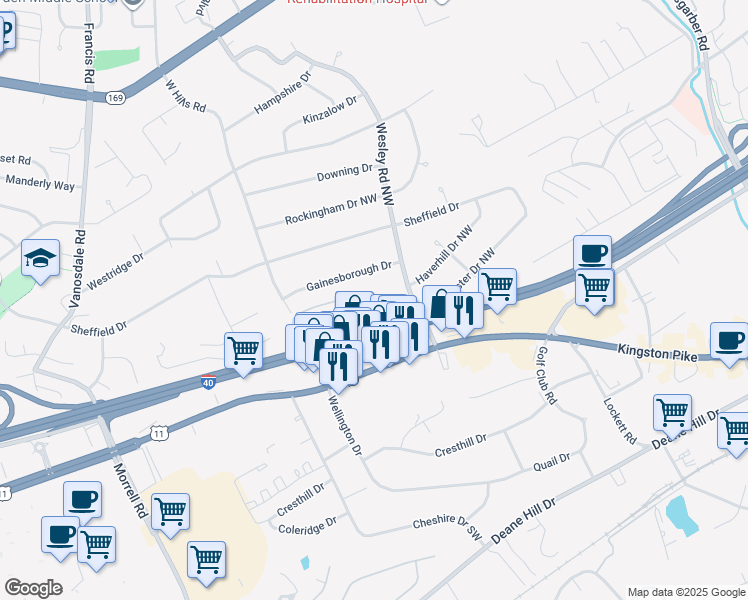 map of restaurants, bars, coffee shops, grocery stores, and more near 7047 Traditional Drive Northwest in Knoxville