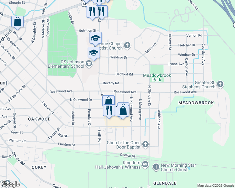 map of restaurants, bars, coffee shops, grocery stores, and more near 332 Mallory Street in Rocky Mount