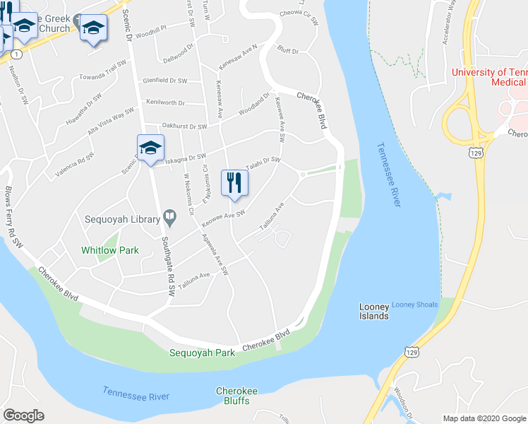 map of restaurants, bars, coffee shops, grocery stores, and more near 3629 Taliluna Avenue in Knoxville