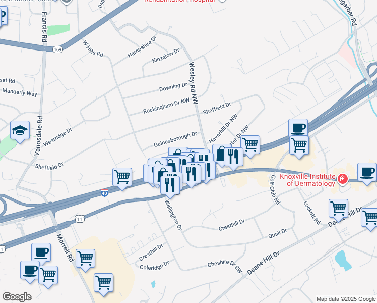 map of restaurants, bars, coffee shops, grocery stores, and more near 7047 Traditional Drive Northwest in Knoxville