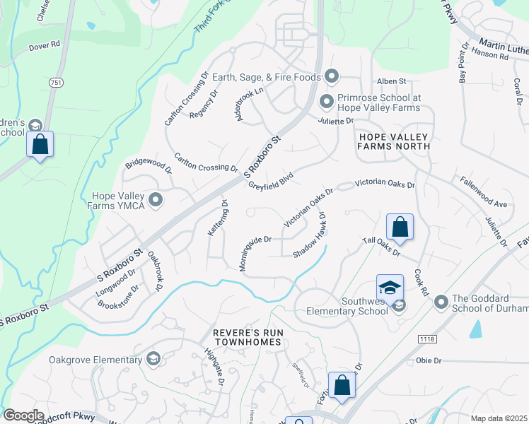 map of restaurants, bars, coffee shops, grocery stores, and more near 217 Kinney Glenn Court in Durham