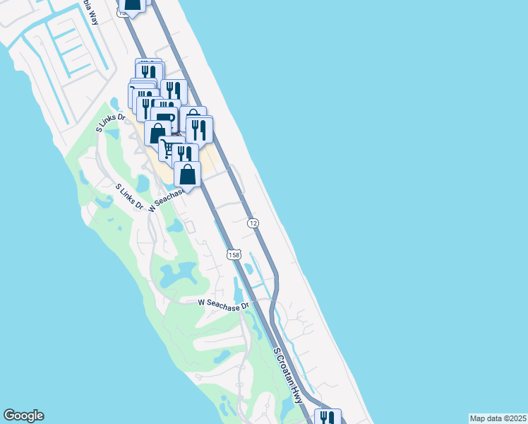 map of restaurants, bars, coffee shops, grocery stores, and more near 208 East Hawks Nest Court in Nags Head