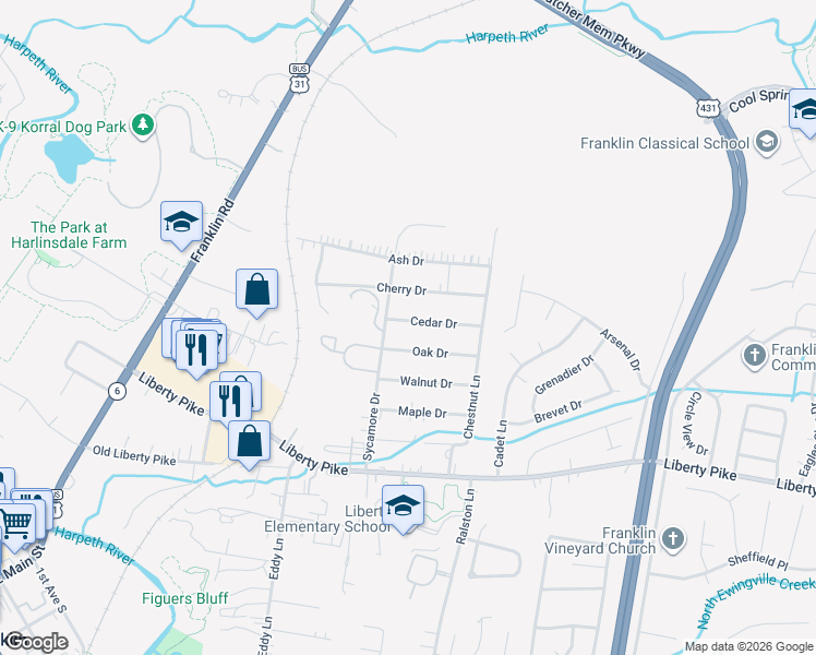 map of restaurants, bars, coffee shops, grocery stores, and more near 223 Cedar Drive in Franklin