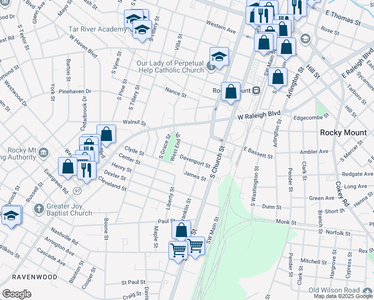 map of restaurants, bars, coffee shops, grocery stores, and more near 808 Belvedere Street in Rocky Mount