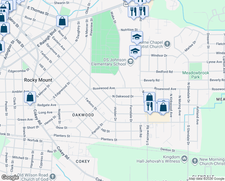map of restaurants, bars, coffee shops, grocery stores, and more near 1135 Rosewood Avenue in Rocky Mount