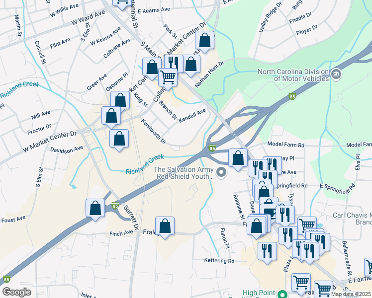 map of restaurants, bars, coffee shops, grocery stores, and more near 145 Kenilworth Drive in High Point