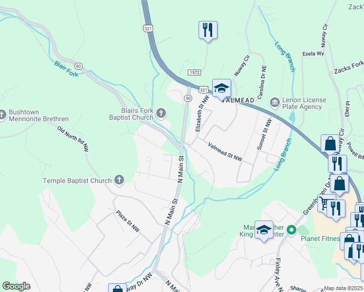 map of restaurants, bars, coffee shops, grocery stores, and more near 1600 North Main Street in Lenoir