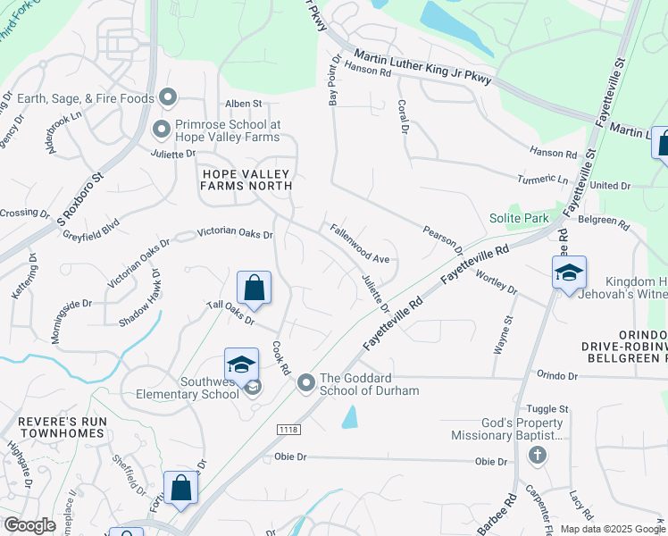 map of restaurants, bars, coffee shops, grocery stores, and more near 3 Sugar Creek Court in Durham