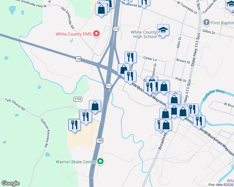 map of restaurants, bars, coffee shops, grocery stores, and more near 703 Clarks Mill Drive in Sparta
