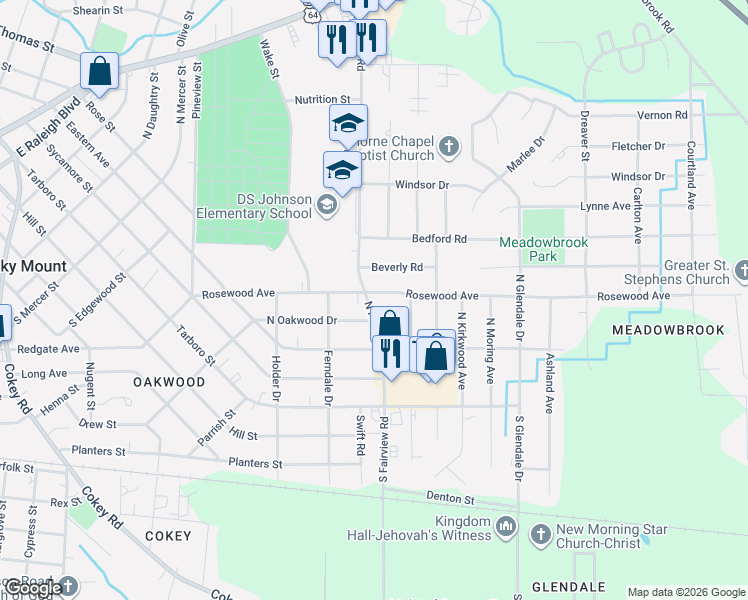 map of restaurants, bars, coffee shops, grocery stores, and more near 1401 Rosewood Avenue in Rocky Mount