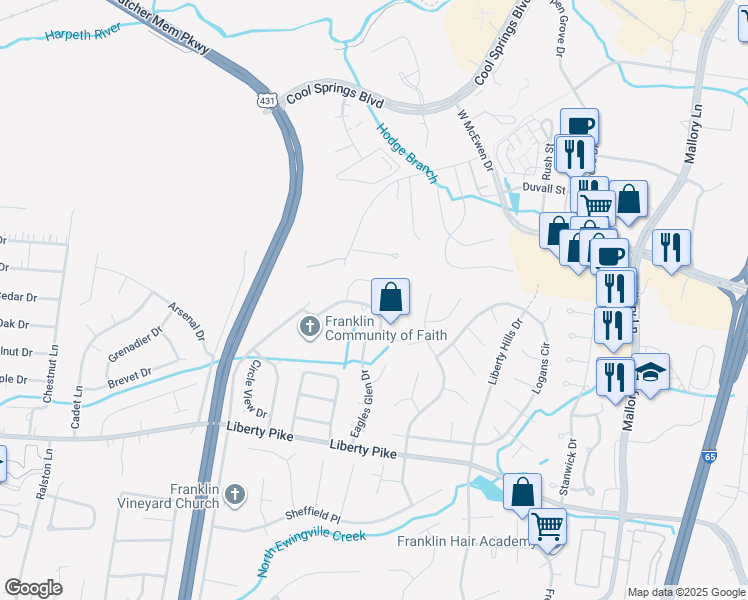 map of restaurants, bars, coffee shops, grocery stores, and more near 614 Gleneagle Lane in Franklin