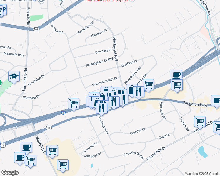 map of restaurants, bars, coffee shops, grocery stores, and more near 7047 Traditional Drive Northwest in Knoxville