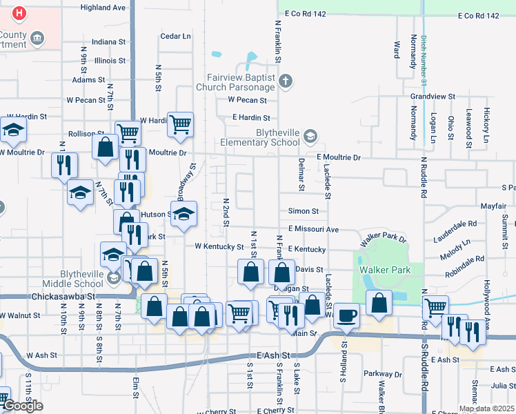 map of restaurants, bars, coffee shops, grocery stores, and more near 700 North 1st Street in Blytheville
