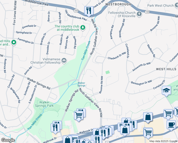 map of restaurants, bars, coffee shops, grocery stores, and more near 503 Manor View Drive in Knoxville