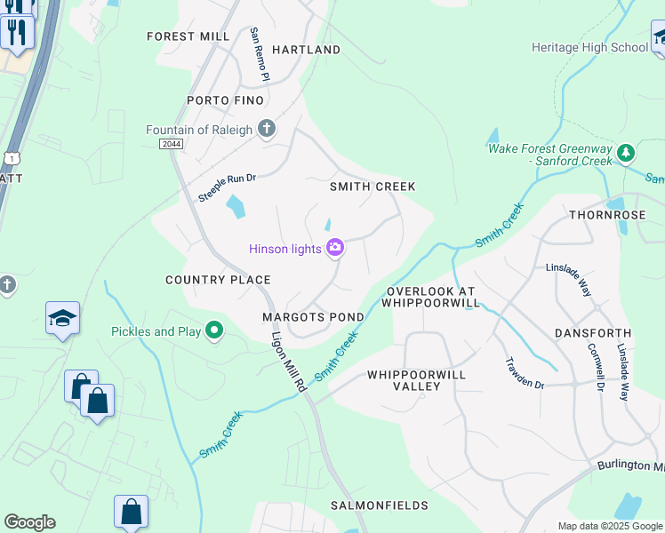 map of restaurants, bars, coffee shops, grocery stores, and more near 2813 Margot's Avenue in Wake Forest