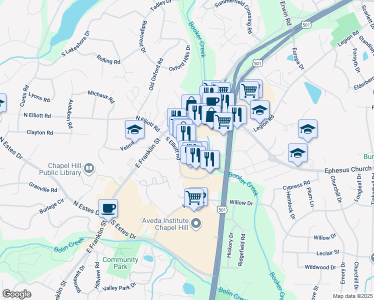 map of restaurants, bars, coffee shops, grocery stores, and more near 111 South Elliott Road in Chapel Hill