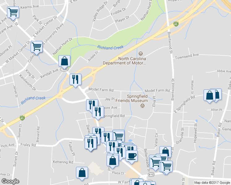 map of restaurants, bars, coffee shops, grocery stores, and more near 228 Model Farm Road in High Point