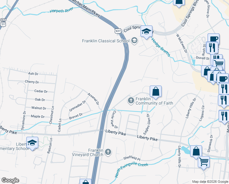 map of restaurants, bars, coffee shops, grocery stores, and more near Mack C Hatcher Memorial Parkway in Franklin
