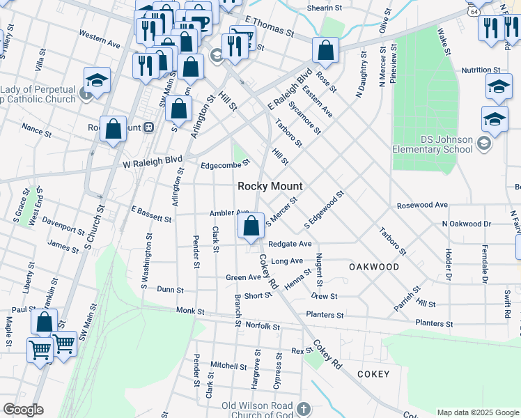map of restaurants, bars, coffee shops, grocery stores, and more near 425 Cokey Road in Rocky Mount