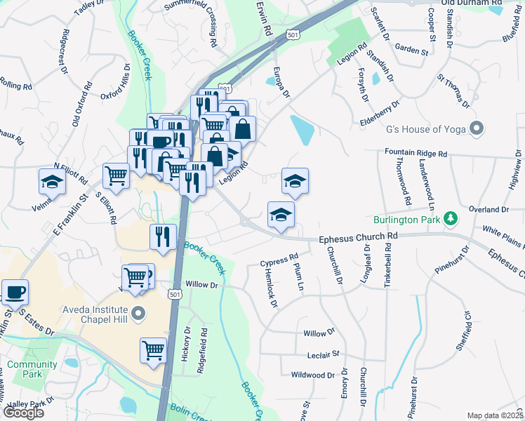 map of restaurants, bars, coffee shops, grocery stores, and more near 26 Banbury Lane in Chapel Hill
