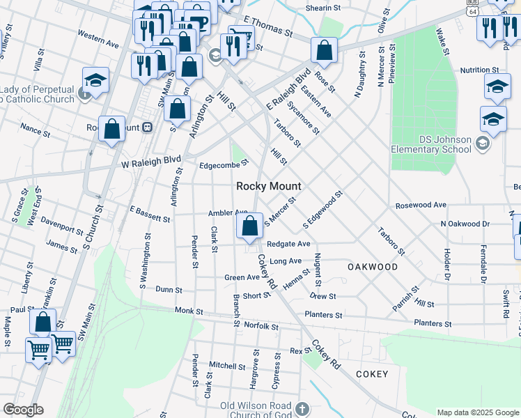 map of restaurants, bars, coffee shops, grocery stores, and more near 425 Cokey Road in Rocky Mount