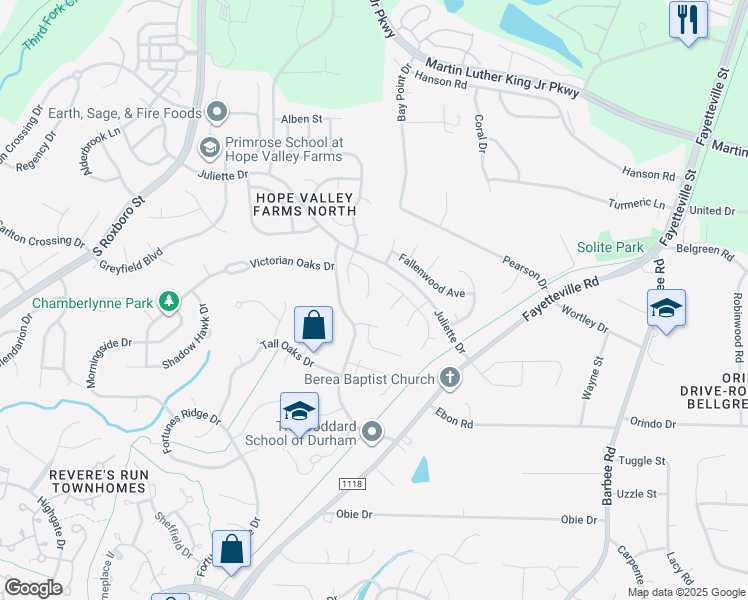map of restaurants, bars, coffee shops, grocery stores, and more near 27 Tinsbury Place in Durham