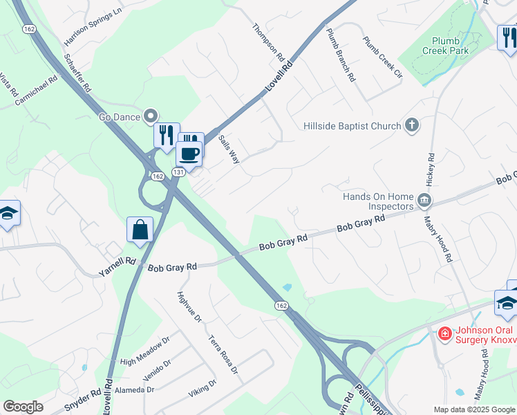map of restaurants, bars, coffee shops, grocery stores, and more near 10606 Missoula Way in Knoxville