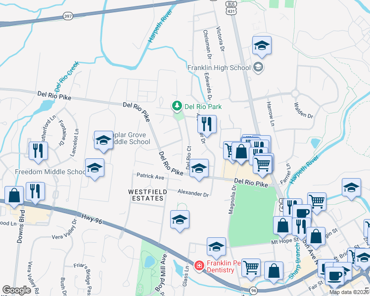 map of restaurants, bars, coffee shops, grocery stores, and more near 316 Astor Way in Franklin
