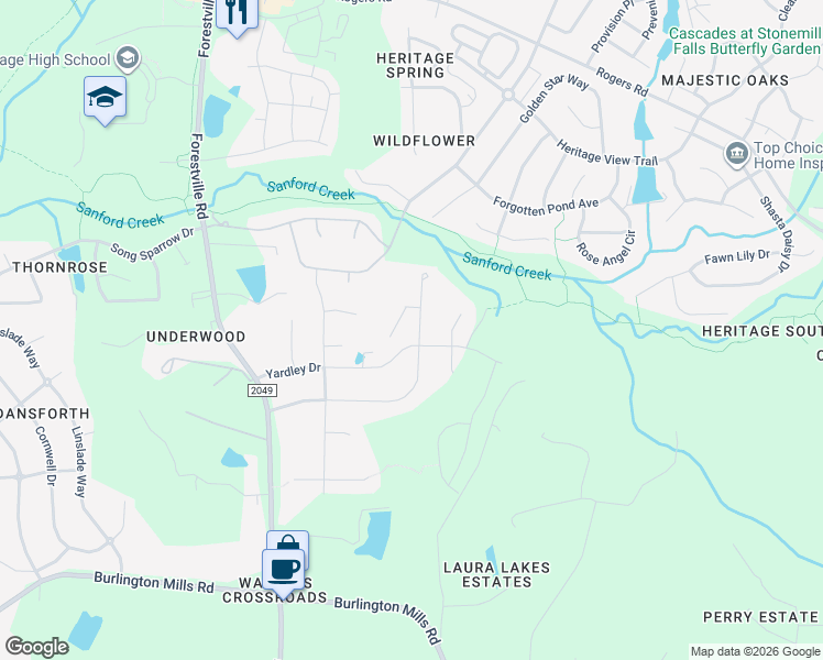 map of restaurants, bars, coffee shops, grocery stores, and more near 1120 Mackinaw Drive in Wake Forest