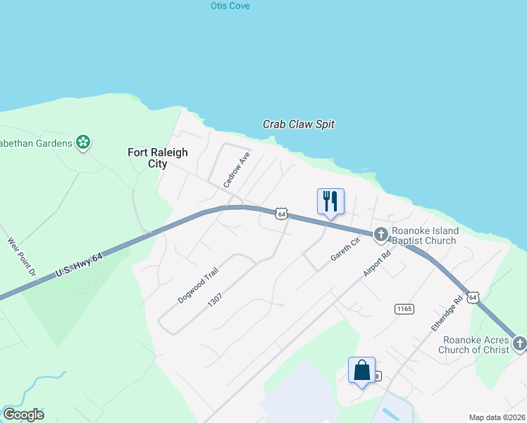 map of restaurants, bars, coffee shops, grocery stores, and more near 1318 U.S. Highway 64 in Manteo