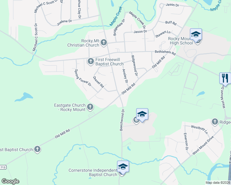 map of restaurants, bars, coffee shops, grocery stores, and more near 828 Drexel Rd in Rocky Mt