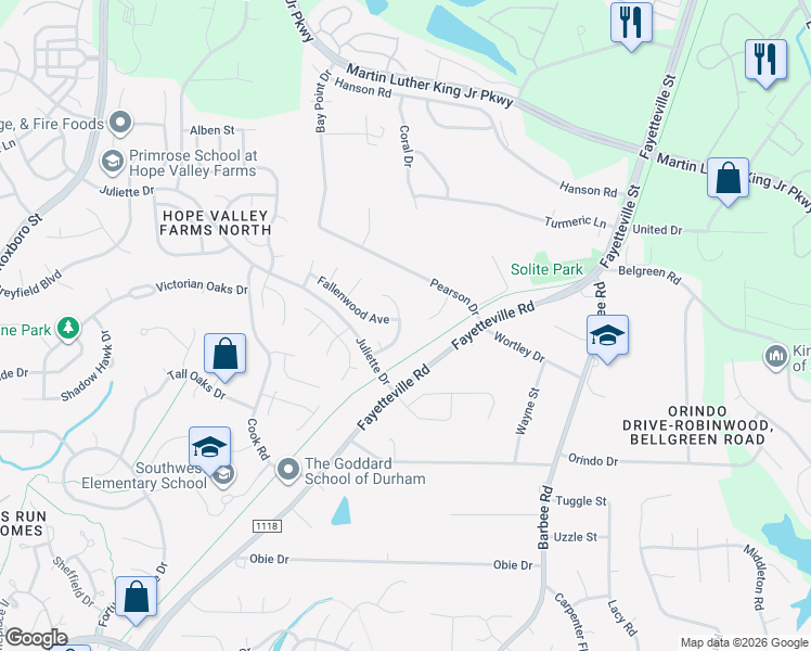 map of restaurants, bars, coffee shops, grocery stores, and more near 516 Nantahala Drive in Durham
