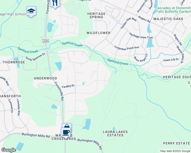 map of restaurants, bars, coffee shops, grocery stores, and more near 1120 Mackinaw Drive in Wake Forest