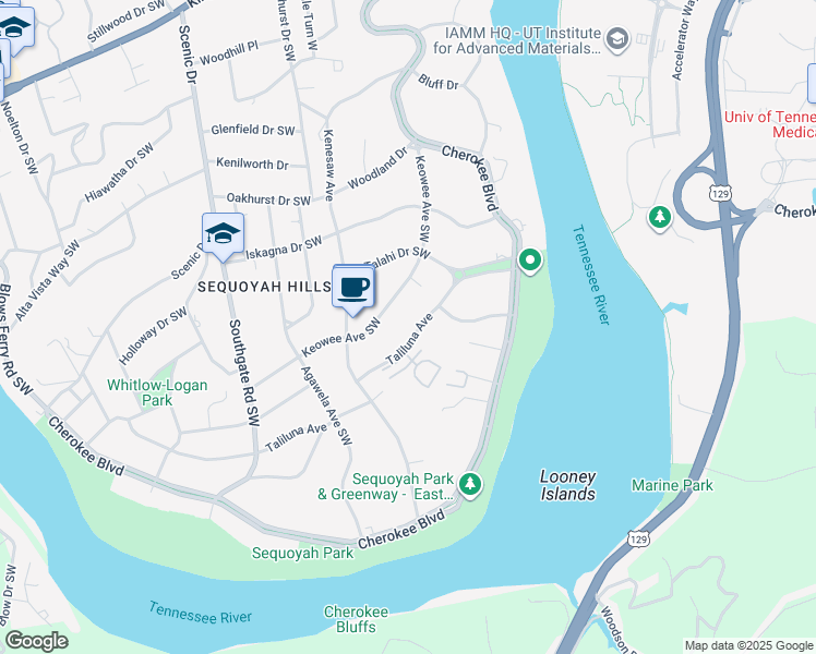 map of restaurants, bars, coffee shops, grocery stores, and more near 3629 Taliluna Avenue in Knoxville