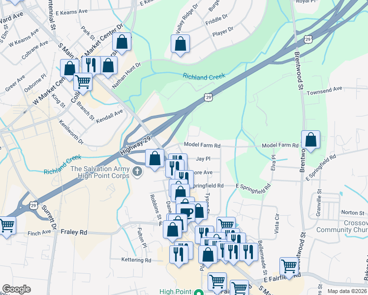 map of restaurants, bars, coffee shops, grocery stores, and more near 200 Model Farm Road in High Point