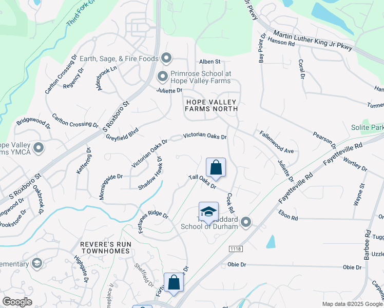 map of restaurants, bars, coffee shops, grocery stores, and more near 8 Swallows Ridge Court in Durham