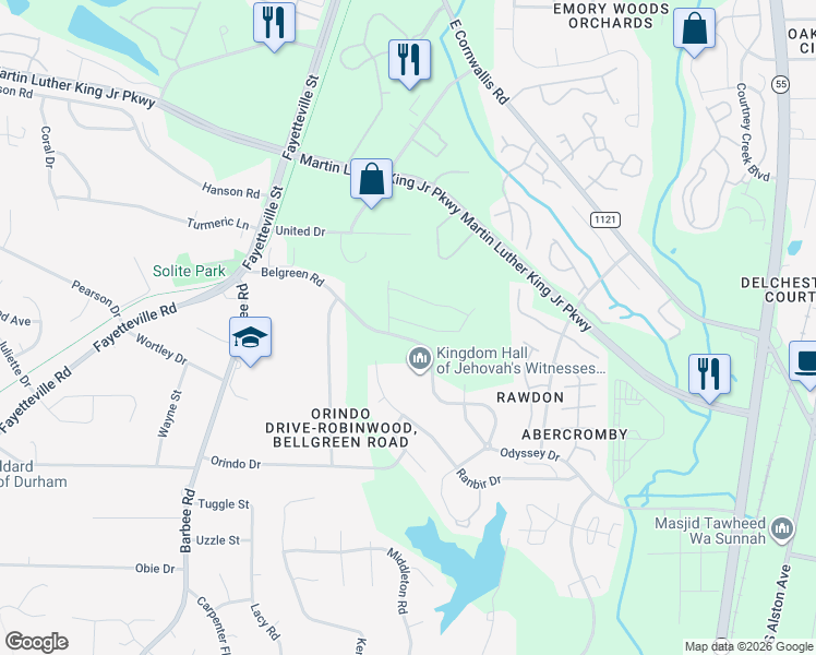 map of restaurants, bars, coffee shops, grocery stores, and more near 121 Velten Ridge Drive in Durham