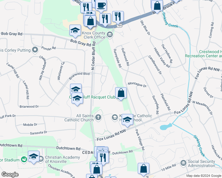 map of restaurants, bars, coffee shops, grocery stores, and more near 856 Racquet Club Way in Knoxville