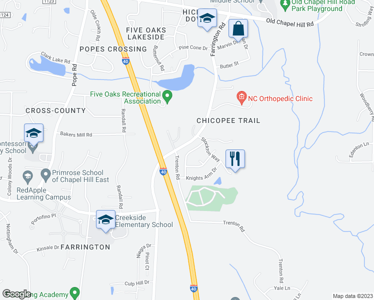 map of restaurants, bars, coffee shops, grocery stores, and more near 4714 Carmen Lane in Durham