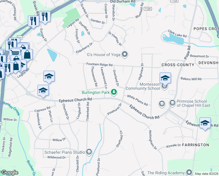 map of restaurants, bars, coffee shops, grocery stores, and more near 501 Landerwood Lane in Chapel Hill