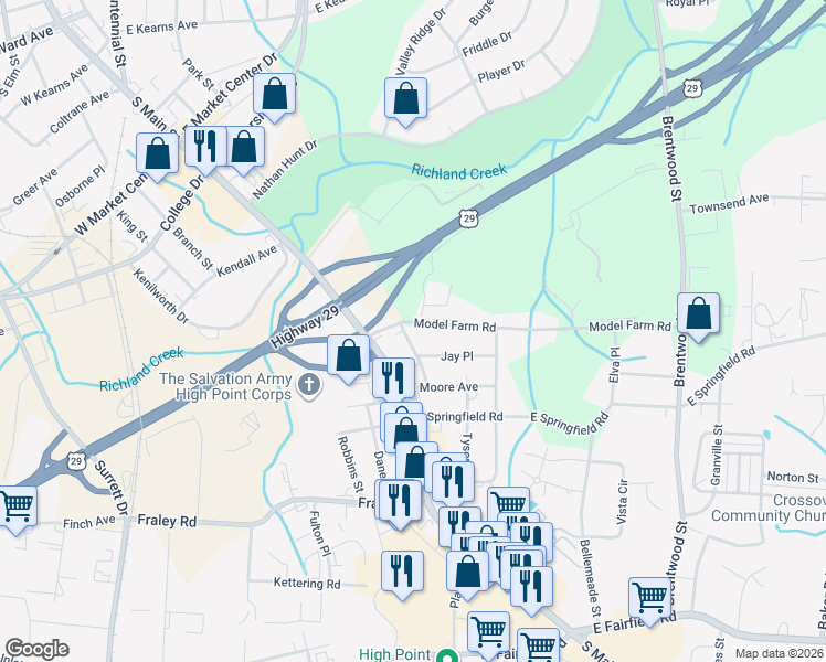 map of restaurants, bars, coffee shops, grocery stores, and more near 200 Model Farm Road in High Point