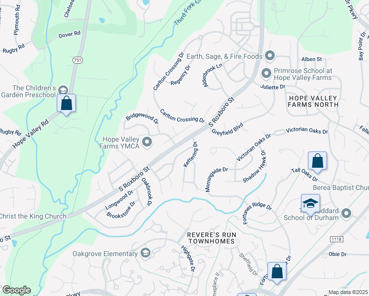 map of restaurants, bars, coffee shops, grocery stores, and more near 4808 Glendarion Drive in Durham